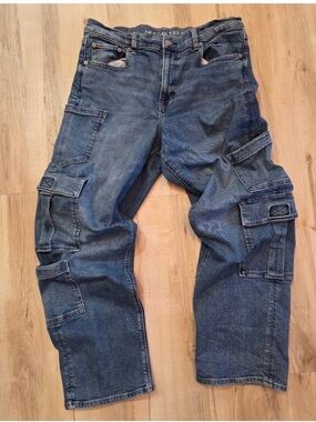 American Eagle Super High Rise Baggy Straight Cargo Jeans Sz 14R